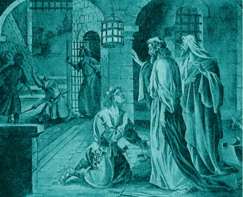 Picture of Paul speaking with the Philippian jailor, who is kneeling